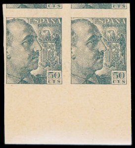 Spain #699P, 1940 Franco, 50c indigo, horizontal pair, printed on both sides ...