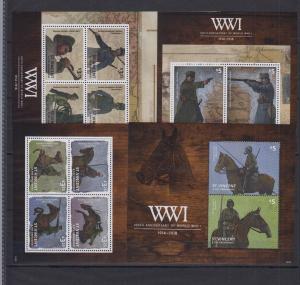 VINCENT GRENADINES 4 SHEETS WWI WORLD WAR HORSES