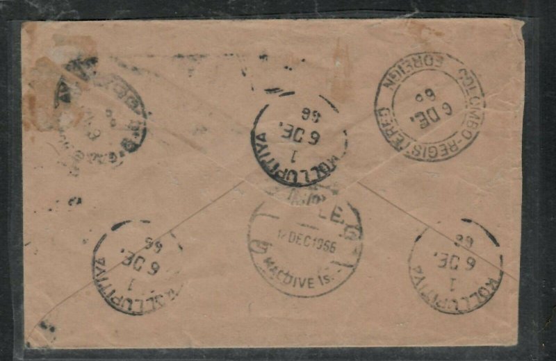 MALDIVE ISLANDS (PP3005B) 1966 INCOMING COVER FROM  CEYLON, REG 30C RICE X2 