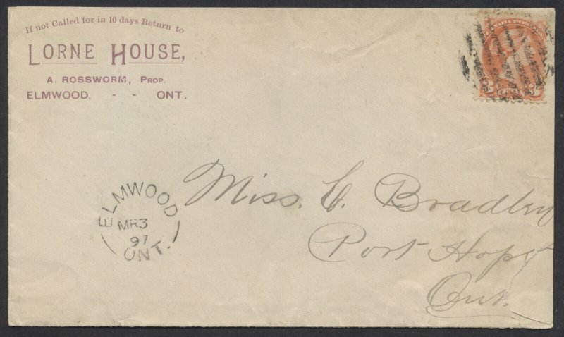 1897 Lorne House Elmwood (Bruce) ONT Hotel Cover Port Hope Squared Circle Receiv