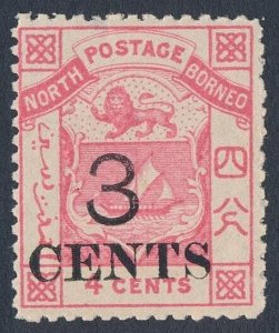 NORTH BORNEO 1886 '3 CENTS' on Arms 4c pink, perf 14.