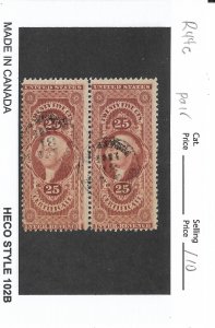 25c Certificate Tax Stamp, Sc # R44c, Pair, used. Nice Canx (55848)