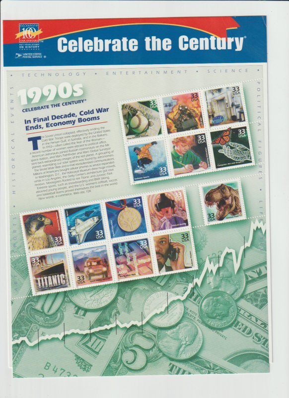 US Scott # 3191 Sheet Celebrate The Century 1990's MNH 1999 Unsealed with card