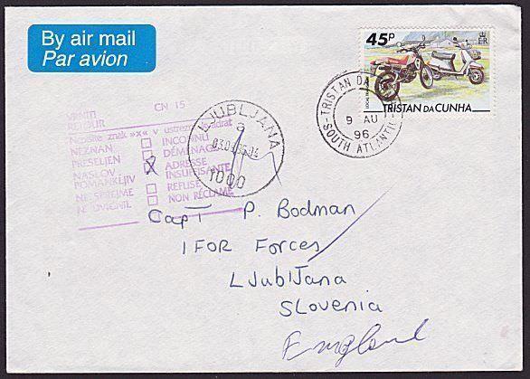 TRISTAN DA CUNHA 1996 cover to Slovenia undelivered and returned to sender..6560