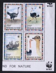 CHAD - Sc# 693 Block of 4 MNH World Wildlife Foundation - WWF Ostrich  S8132