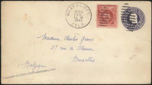 USA 1941 West Cliffe Colorado Airmail Cover German Censor Brussels German 111639