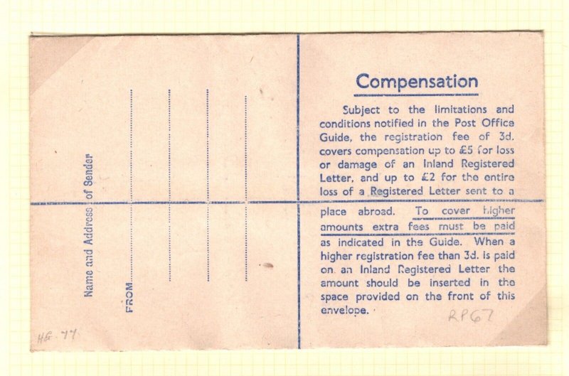 GB KGVI Registered Postal Stationery 5½d + 1d COMPOUND DIE RP67 1949 ZP193