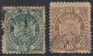 BOLIVIA 1894 COAT OF ARMS Sc 42 & 43 PARIS REPRINTS ON THICK PAPER PERF 11 USED