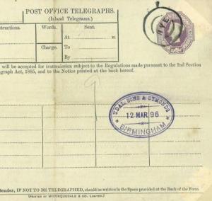 GB QV 6d Telegraph Form USED AS A PARCEL LABEL *Rye* Sussex Birmingham 1896.2