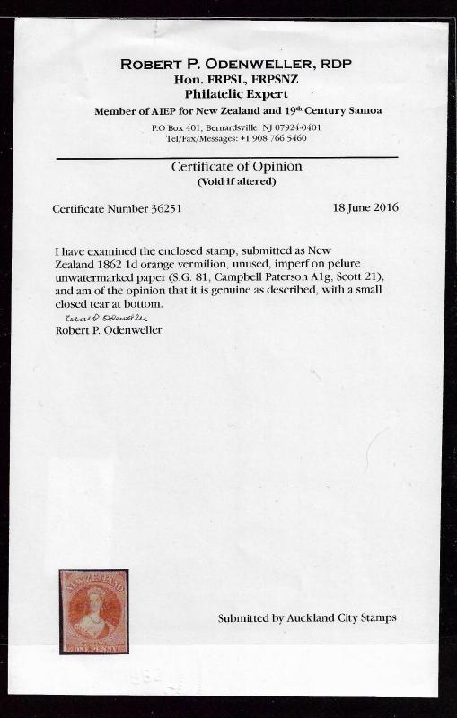 NEW ZEALAND 1862-64  1d ORANGE  FFQ  MNG PELURE CERTIFICATE CP A1G  SG 81 CHALON