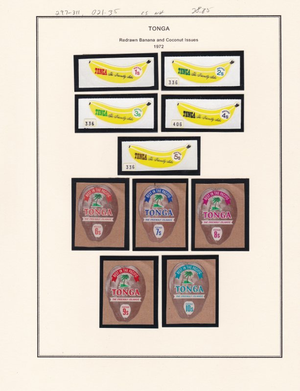 Tonga # 297-311, O21-35, Redrawn Banana & Coconut Series., NH, 1/2 Cat.