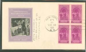 US 854 1939 3c US Constitution/150th anniversary (block of four) on an addressed first day cover with an Ioor cachet.