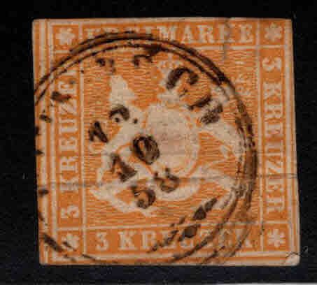 Wurttemberg Scott 9 nice 1858 stamp with silk thread in paper