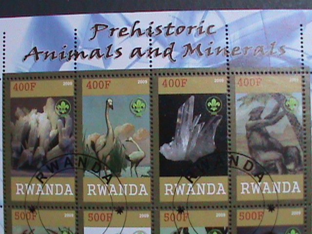 RWANDA-2009- WORLD FAMOUS MINERIALS & PREHISTORY ANIMALS CTO SHEET VERY FINE