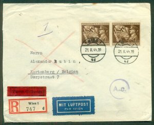 GERMANY 1944 Regis Airmail cover to BELGIUM w/PAIR (#B242) tied Wein, signed