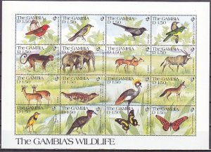 Gambia, Scott cat. 1063 a-p. Butterflies, Birds & Mammals, sheet of 16.