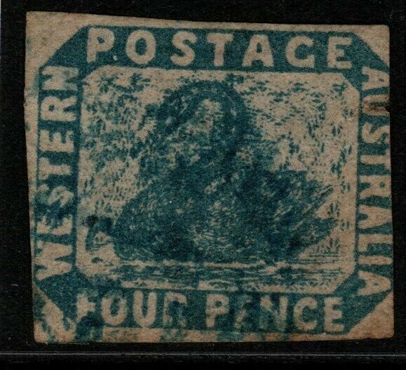 WESTERN AUSTRALIA SG3b 1854 4d DEEP DULL BLUE USED CLOSED TEAR