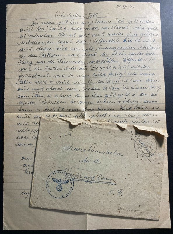 1943 Germany Feldpost Croatian Units Cover WW2 Original Letter 