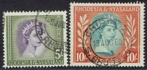 RHODESIA AND NYASALAND 1954 QEII 5/- AND 10/- USED