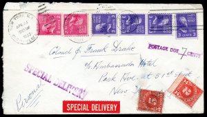 U.S. Scott 807a (4), 841 Coil,  J83, and J81 on 1953 Special Delivery Cover