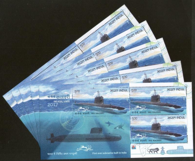 India 2017 INS Kalvari  Submarine Arm Indian Navy Ship Sheetlet x5 MNH # p3362