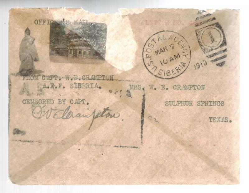 1919 US Army Officer Soldier Cover AEF Siberia Russia Allied Expeditionary Force