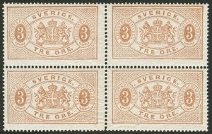 SWEDEN #O1 3ore, p. 14, Block of 4, og, NH, VF