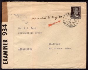 Turkey to Chalford,UK 1941 Censored Cover