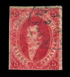 ARGENTINA 1872  RIVADAVIA - No wmk. -  5c dark carmine rose  Scott # 17 used