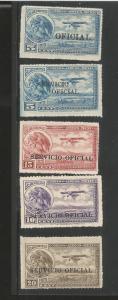 J) 1932 MEXICO, EAGLE AND AIRPLANE, OVERPRINT SERVICIO OFICIAL, SET OF 5, MN