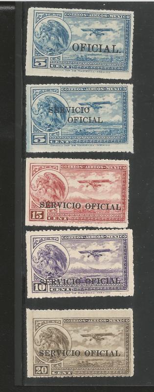 J) 1932 MEXICO, EAGLE AND AIRPLANE, OVERPRINT SERVICIO OFICIAL, SET OF 5, MN