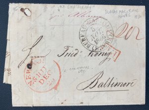 1836 Germany Letter Sheet Stampless Maritime Mail Cover To Baltimore MD Usa