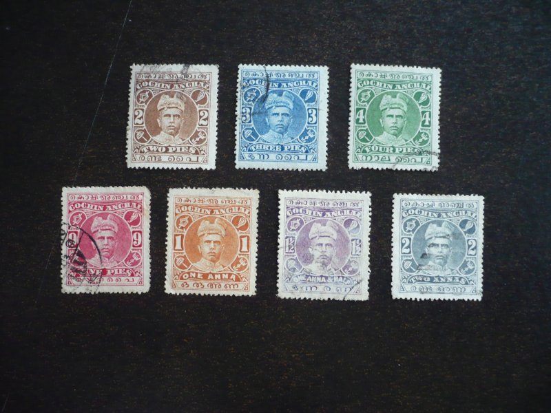 Stamps - India Cochin - Scott# 14-15,16a-20 - Used Part Set of 7 Stamps