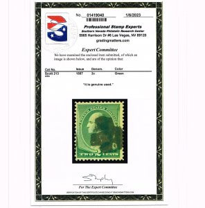 VERY AFFORDABLE GENUINE SCOTT #213 FINE USED 1887 PSE CERT ABNC PRINTING #19361