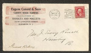 USA #406 STAMP EUGENE CONCORD SONS WOOD TURNERS ELIZABETH NEW JERSEY COVER 1912