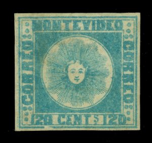 URUGUAY 1858  SUN   120c aqua blue  Scott # 4 mint  MH F/VF aspect