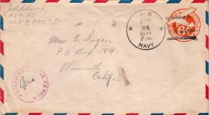 United States Ships 6c Monoplane Air Envelope 1944 U.S. Navy U.S.S. Asa 145 T...