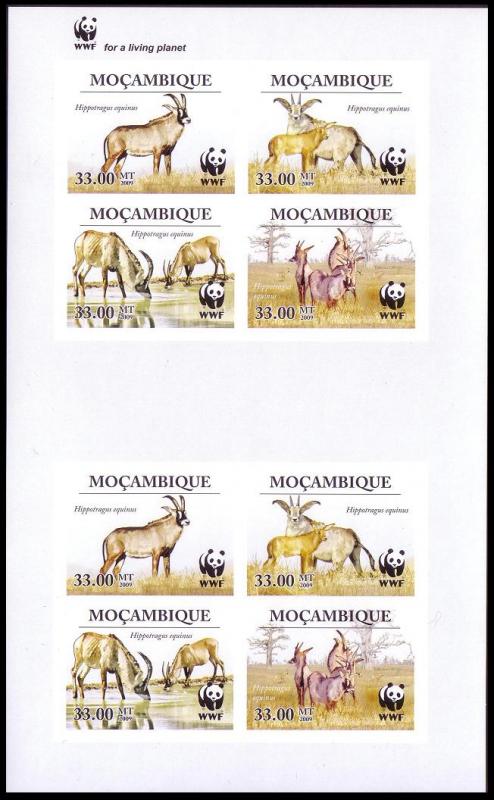 Mozambique WWF Roan Antelope Imperforated Sheetlet of 2 sets / 8 stamps