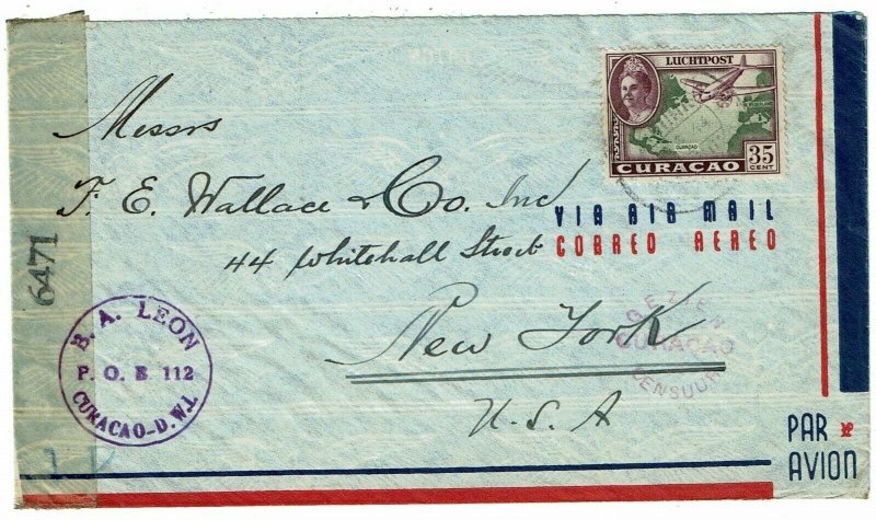 Curacao 1944 airmail cover to the U.S., censored twice