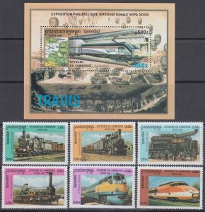 CAMBODIA Sc# 1969-75 CPL MNH SET of 6 + S/S - VARIOUS LOCOMOTIVES