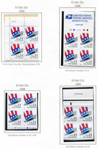 US - 33¢ H Hat - Plate Blocks of 4 - MNH Gummed & Self Adhesive Booklet Issues