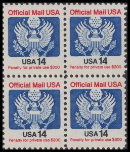 US O129A Official Mail USA 14c block (4 stamps) MNH 1985