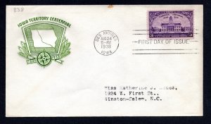 US 1938 3¢ Iowa Stamp FDC #838 Used CV $15