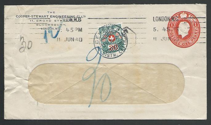 SWITZERLAND 1914 GB 1d stat envelope used to Geneva - 30c postage due......58377