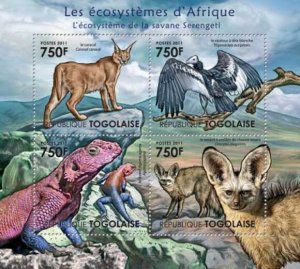 Togo - African Fauna - Caracal, Lizard - 4 Stamps  Sheet - 20H-276