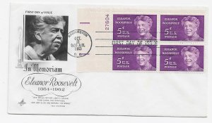 US 1236 (Me-3) 5c Eleanor Roosevelt pl blk 4 on FDC Artcraft Cachet ECV $12.50