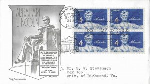 1959 FDC, #1116, 4c Abraham Lincoln, Aristocrats-Lowry, block of 4