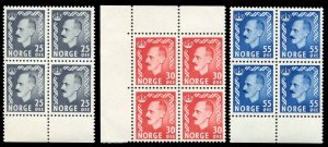 Norway #321-323 Cat$113.60+, 1951-52 Haakon, set of three sheet margin blocks...