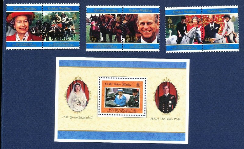 SOUTH GEORGIA - # 213a-217a & 218  - MNH pairs & S/S -  QEII & Philip Anniv 1997