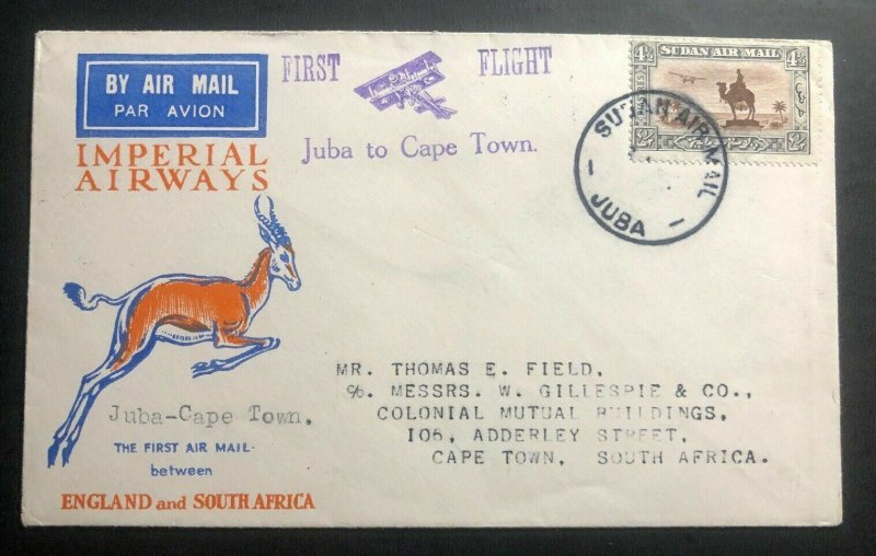 1931 Juba Sudan Airmail First Flight Cover FFC To Capetown South Africa Xmas